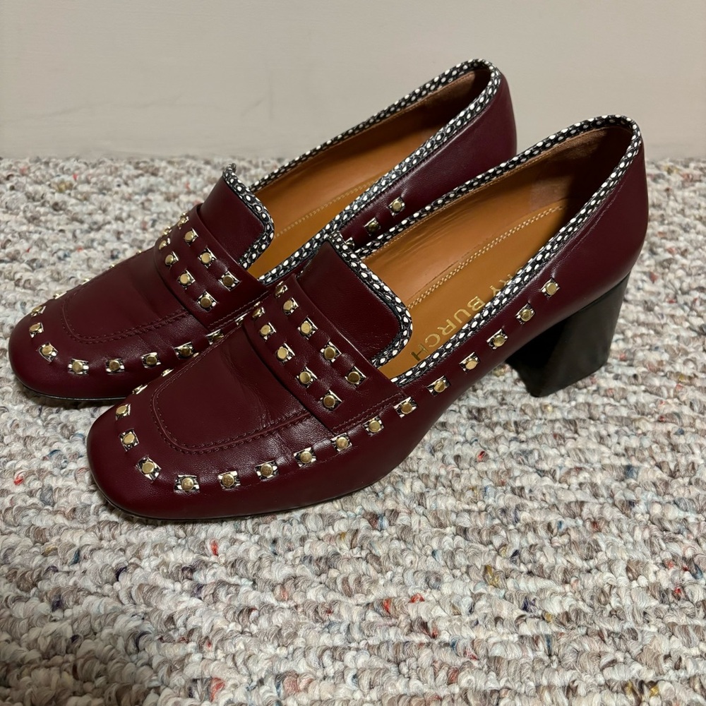 Tory Burch 55mm Studded Loafer Block Heel Slip On Royal Burgundy- Size 10